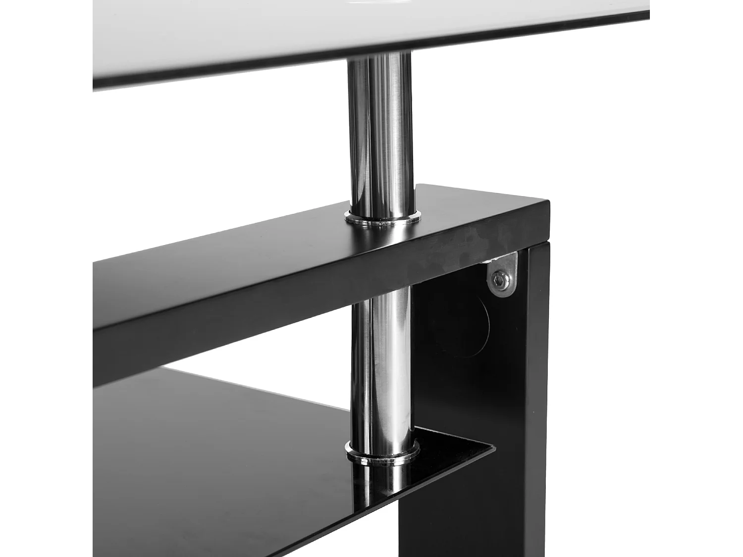 Mesa de centro moderna de vidrio templado, rectángulo negro con estante inferior y patas de madera