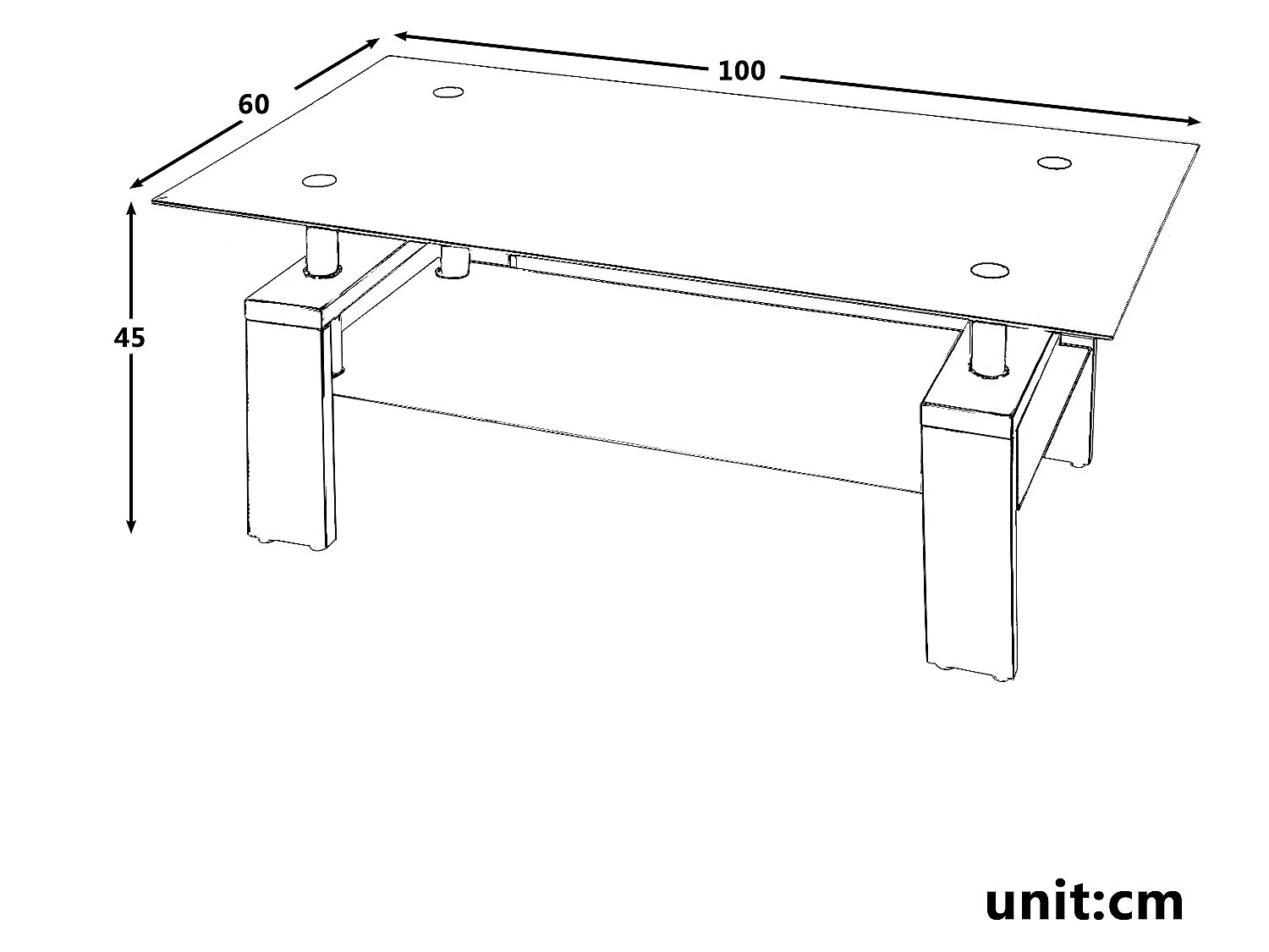 Mesa de centro moderna de vidrio templado, rectángulo negro con estante inferior y patas de madera
