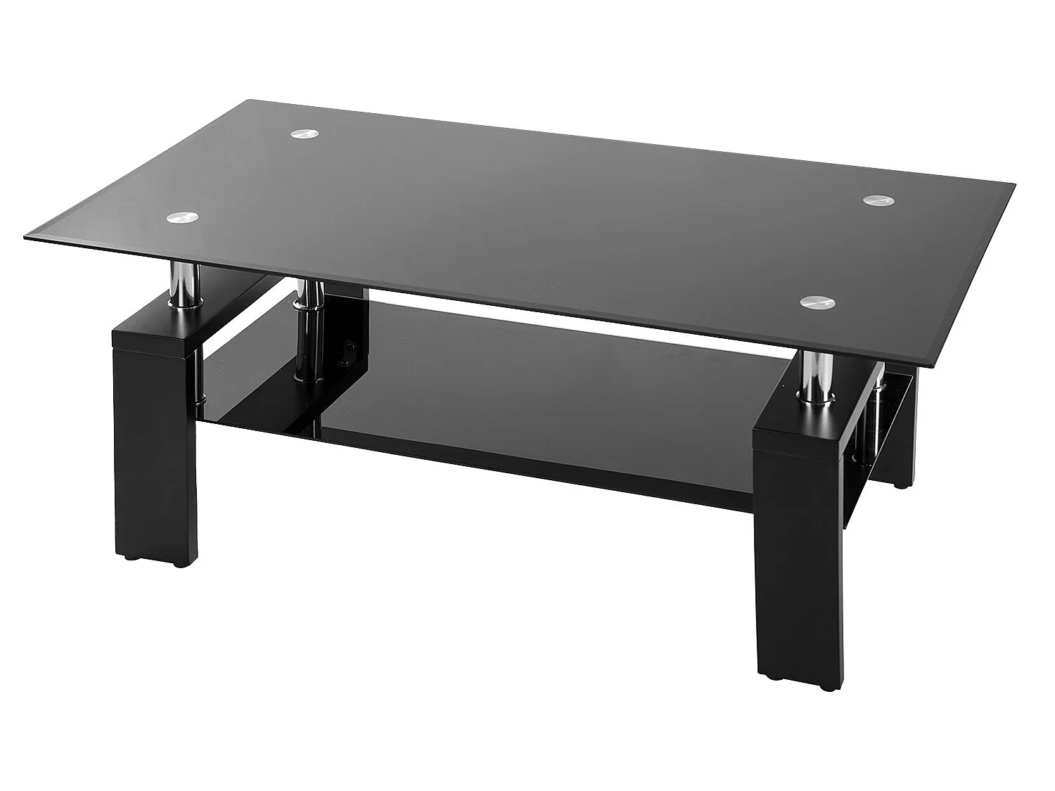 Mesa de centro moderna de vidrio templado, rectángulo negro con estante inferior y patas de madera