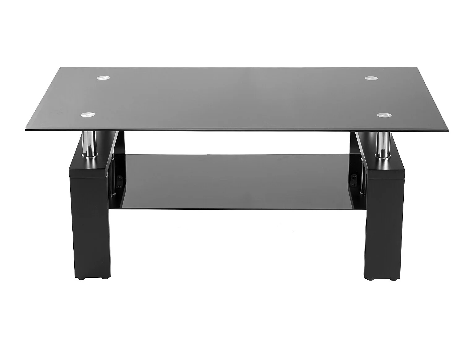 Mesa de centro moderna de vidrio templado, rectángulo negro con estante inferior y patas de madera