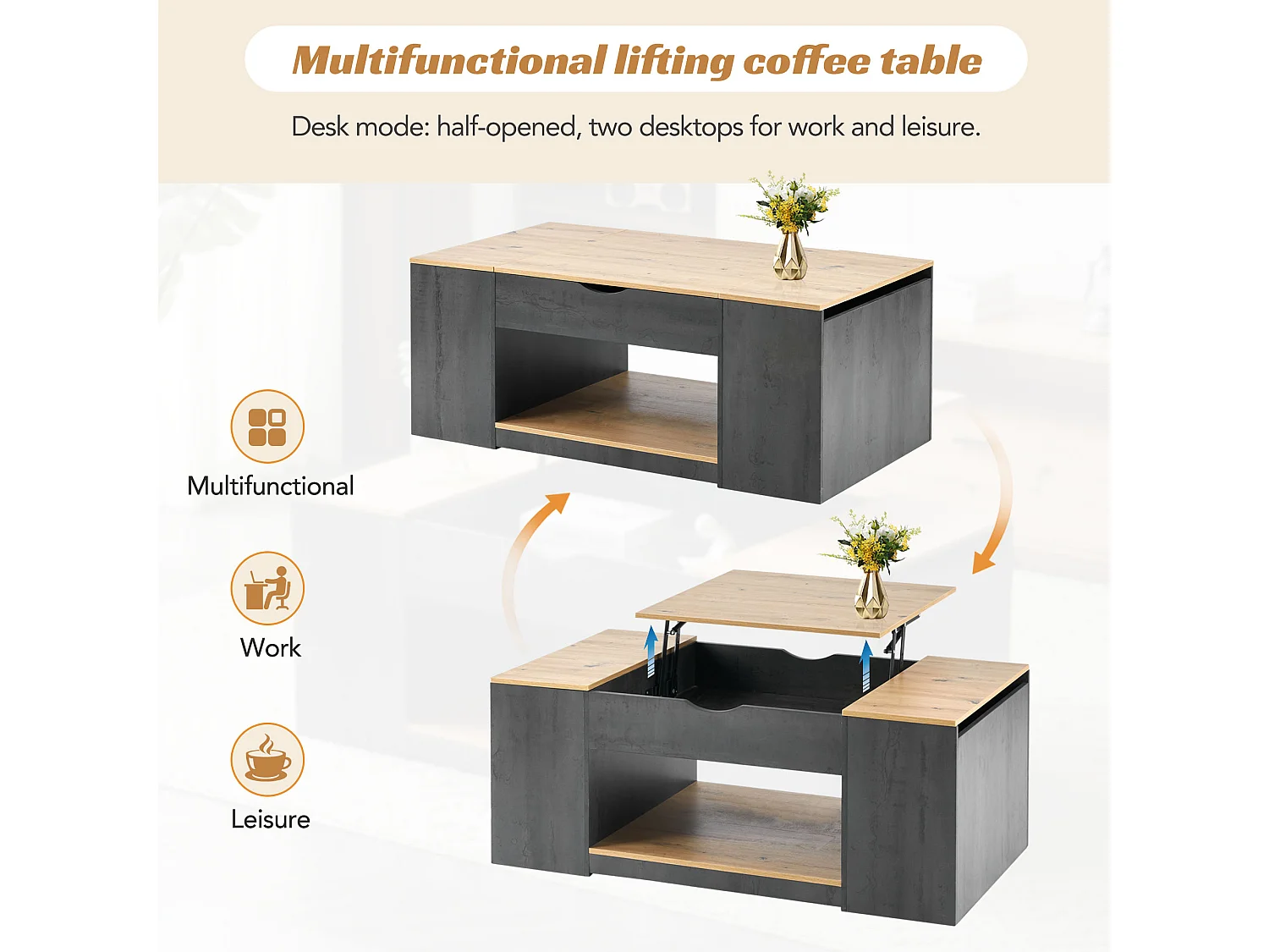 Mesa de centro con función elevable - 109 cm, estructura gris