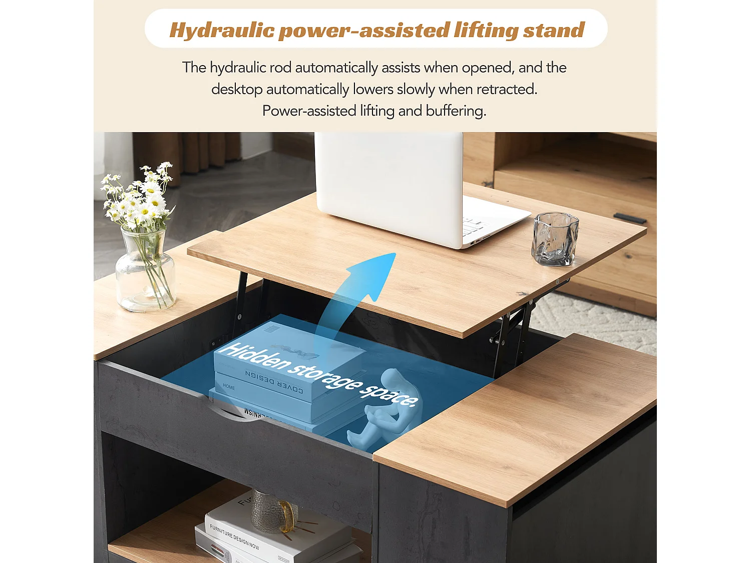 Mesa de centro con función elevable - 109 cm, estructura gris