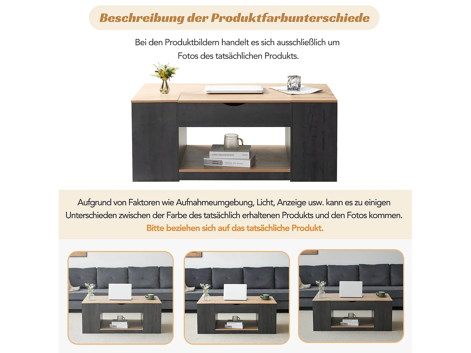 Mesa de centro con función elevable - 109 cm, estructura gris