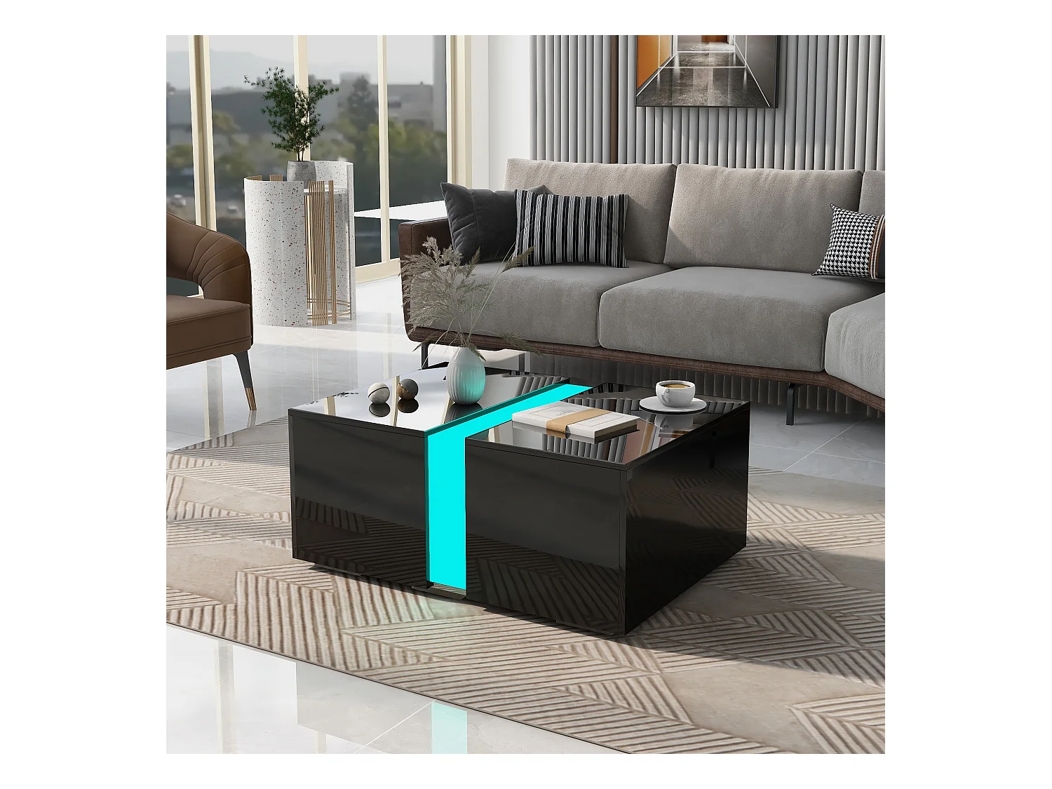 Mesa de centro moderna lacada brillante con luces LED 73*60*34cm, negra