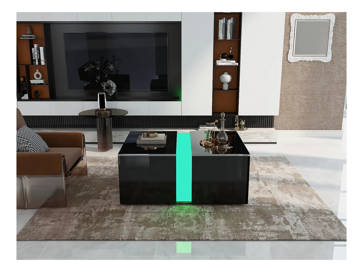 Mesa de centro moderna lacada brillante con luces LED 73*60*34cm, negra