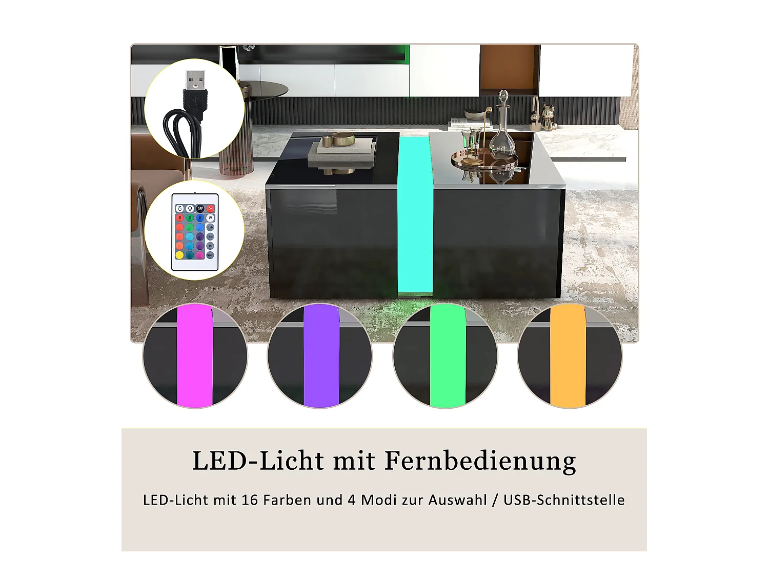 Mesa de centro moderna lacada brillante con luces LED 73*60*34cm, negra