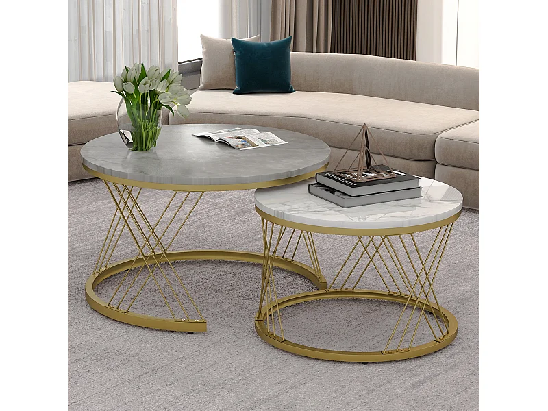 Conjunto de 2 mesas de centro encaixáveis em MDF com imitação de mármore para sala de estar, quarto e estrutura cinza dourada