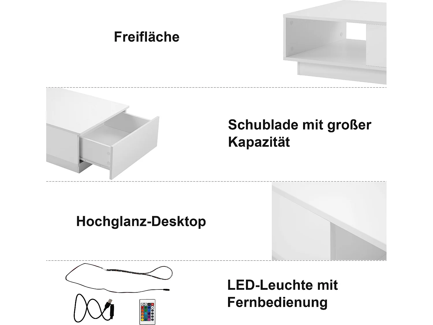 Mesa de centro moderna lacada brillante, mesa de centro para LED, (95 x 55 x 32 cm)