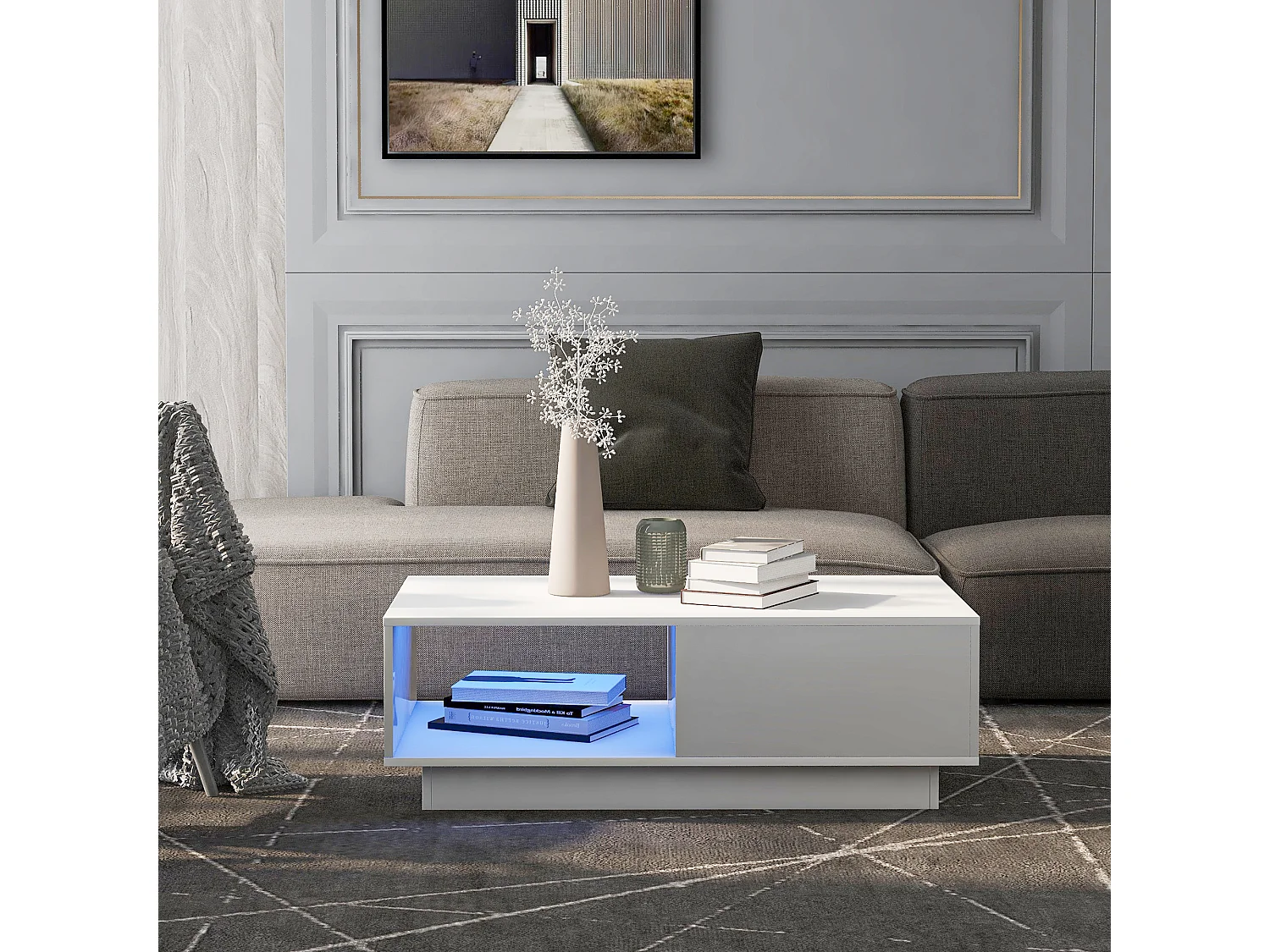 Tavolino moderno in laccato lucido, tavolino per LED, (95 x 55 x 32 cm)
