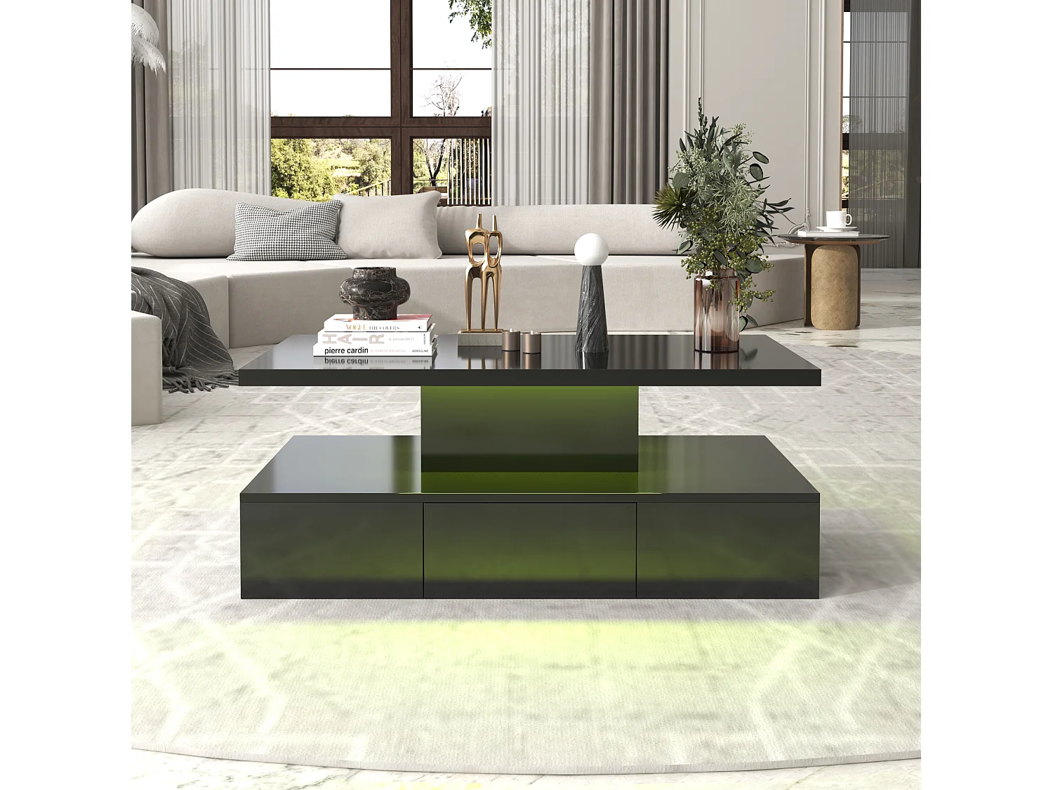 Mesa de centro MDF com gaveta 2 prateleiras LED sala de estar preta 100x50x39 cm