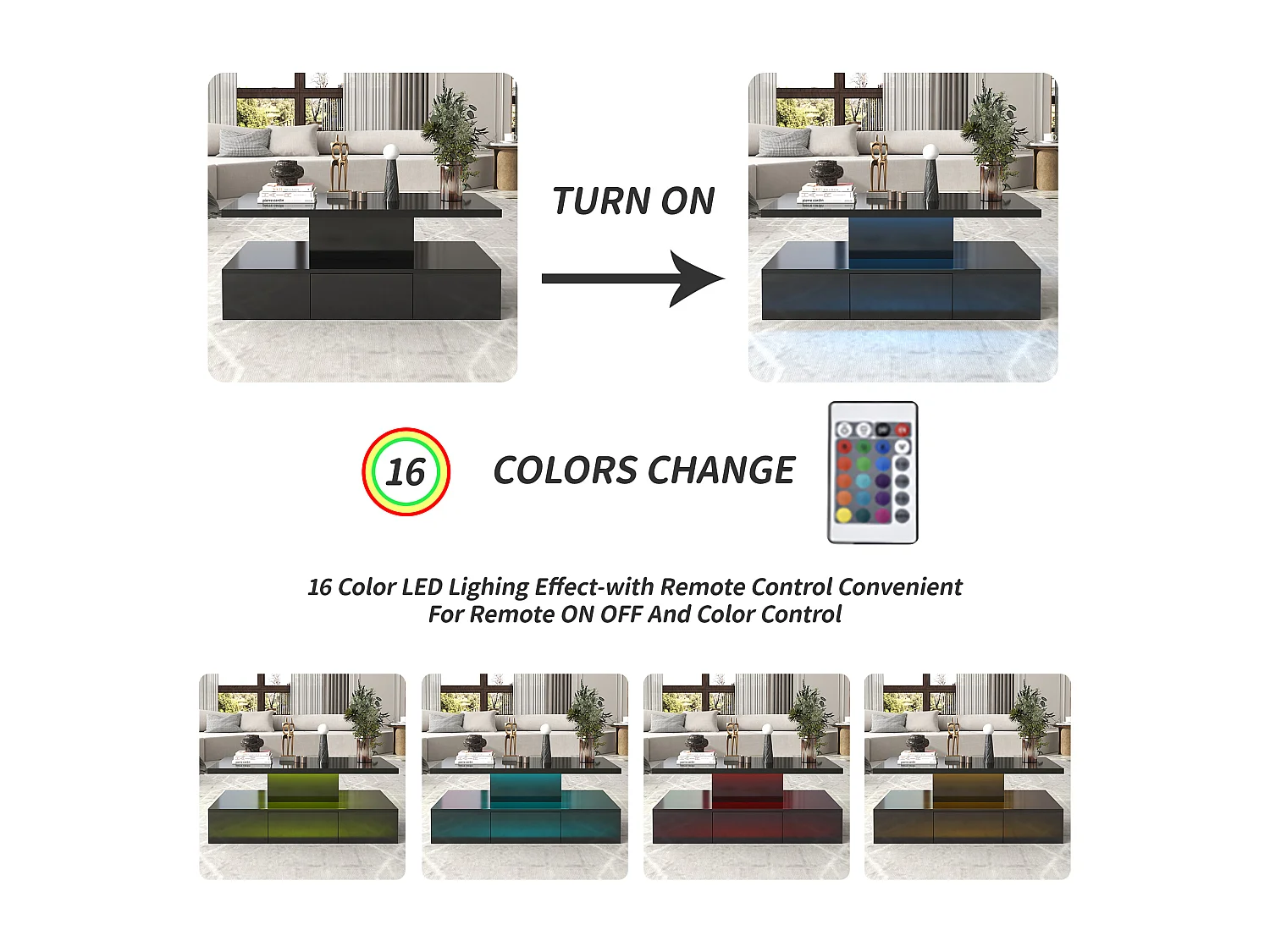 Mesa de centro MDF com gaveta 2 prateleiras LED sala de estar preta 100x50x39 cm