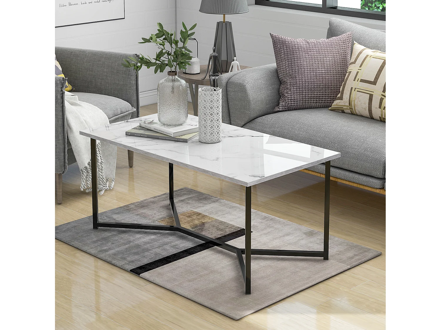 Table basse rectangulaire en bois style mid century modern, blanc