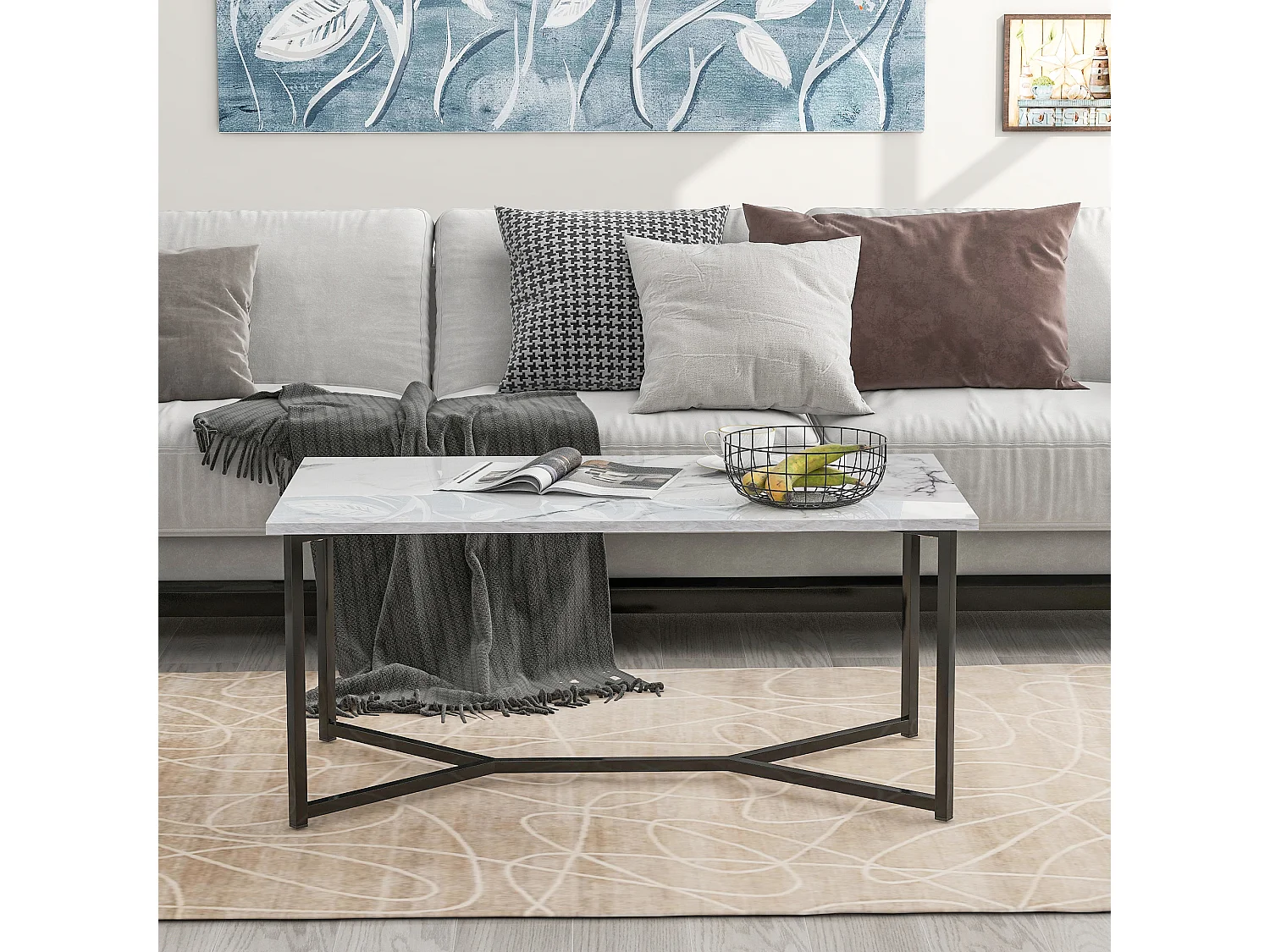 Table basse rectangulaire en bois style mid century modern, blanc