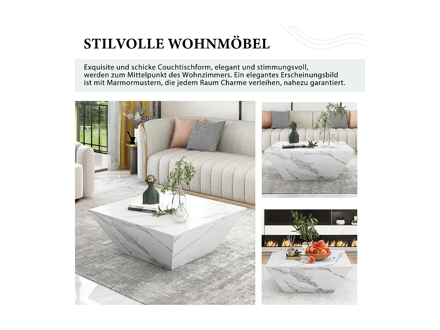 Tavolino moderno a forma trapezoidale con impiallacciatura in marmo bianco, 70*70*37 cm