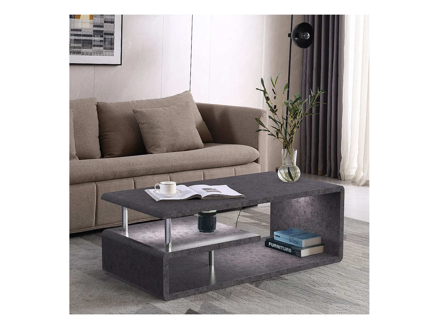Table basse moderne avec finition en gris ciment et éclairage led
