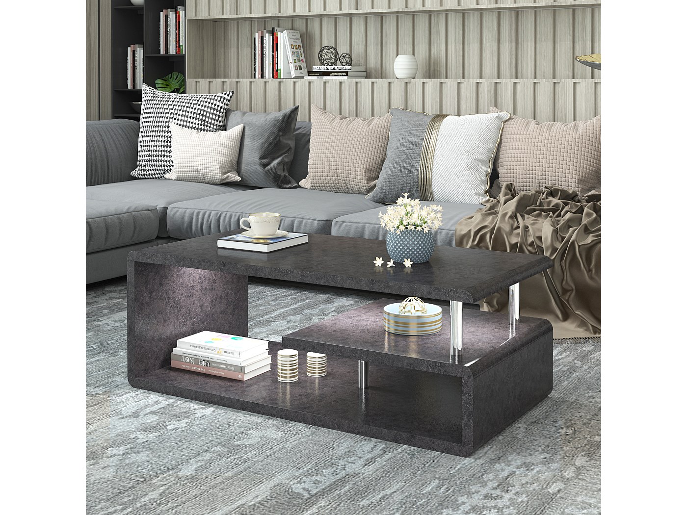 Tavolino Con Cassetto Grigio | Stile Mid-Century | Mobiletto 30x39x61 Cm Per Soggiorno E Camera