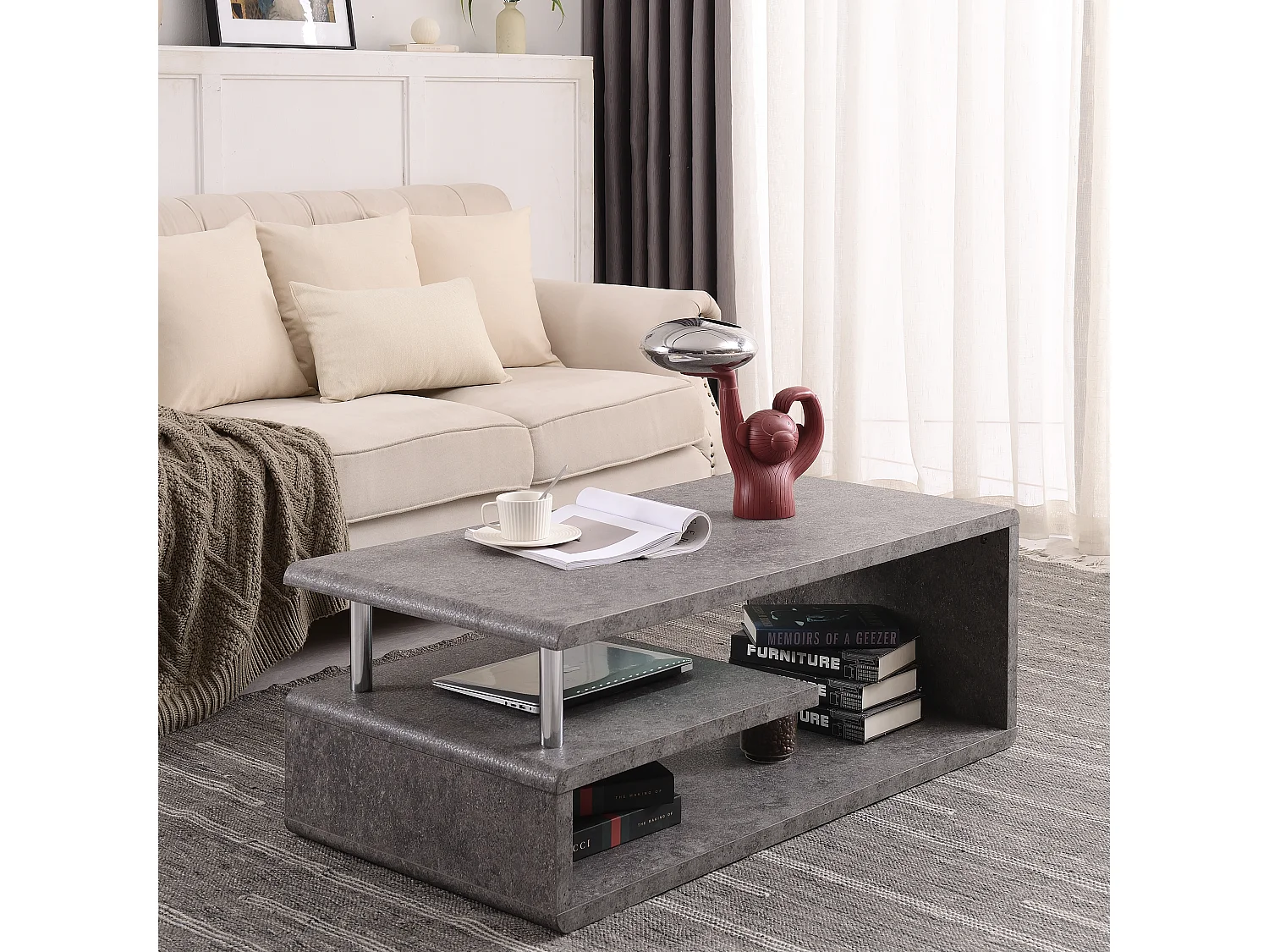 Table basse moderne avec finition en gris ciment et éclairage led