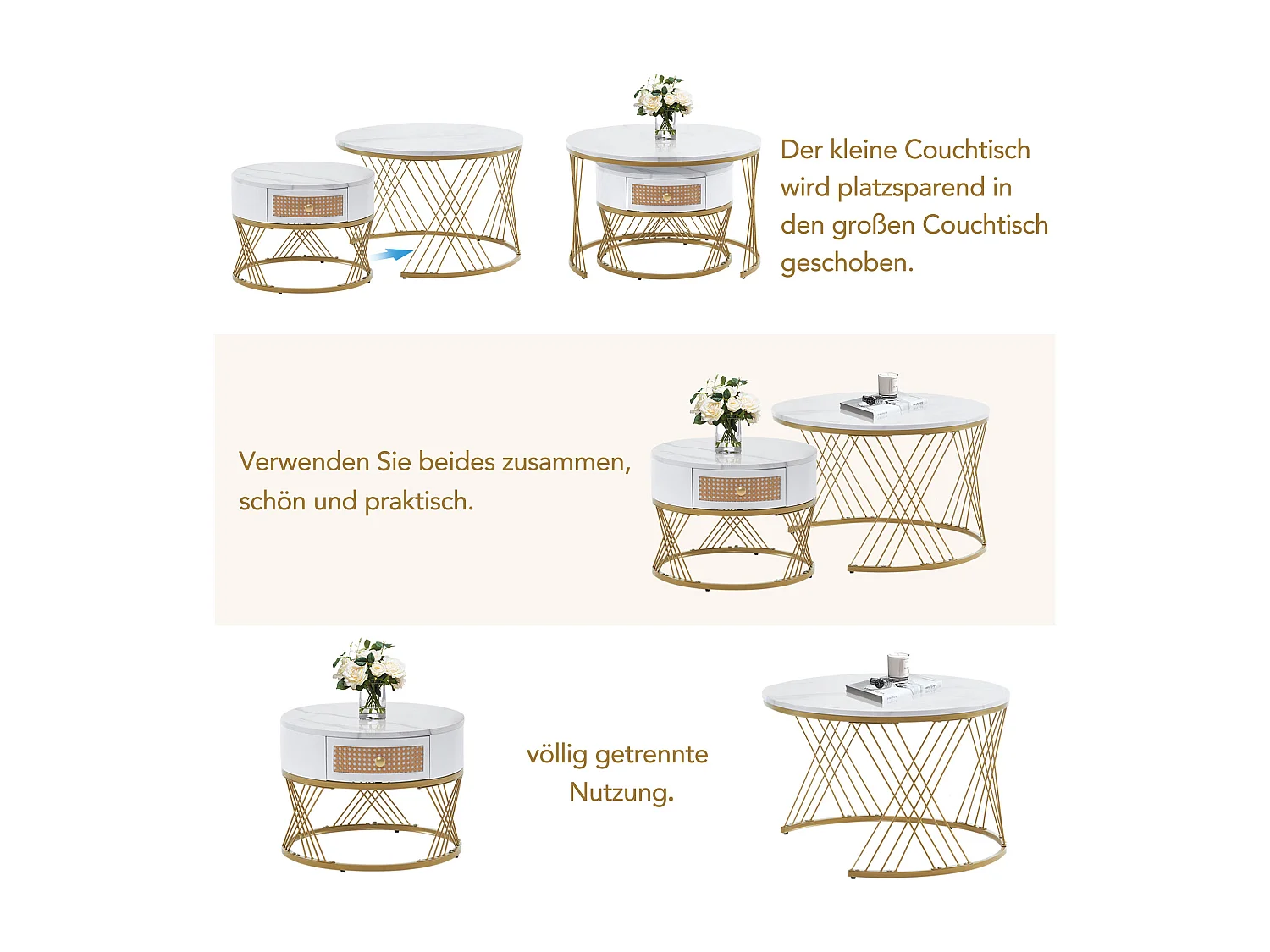 Table basse ovale en marbre avec structure en fer doré, tiroirs et étagères