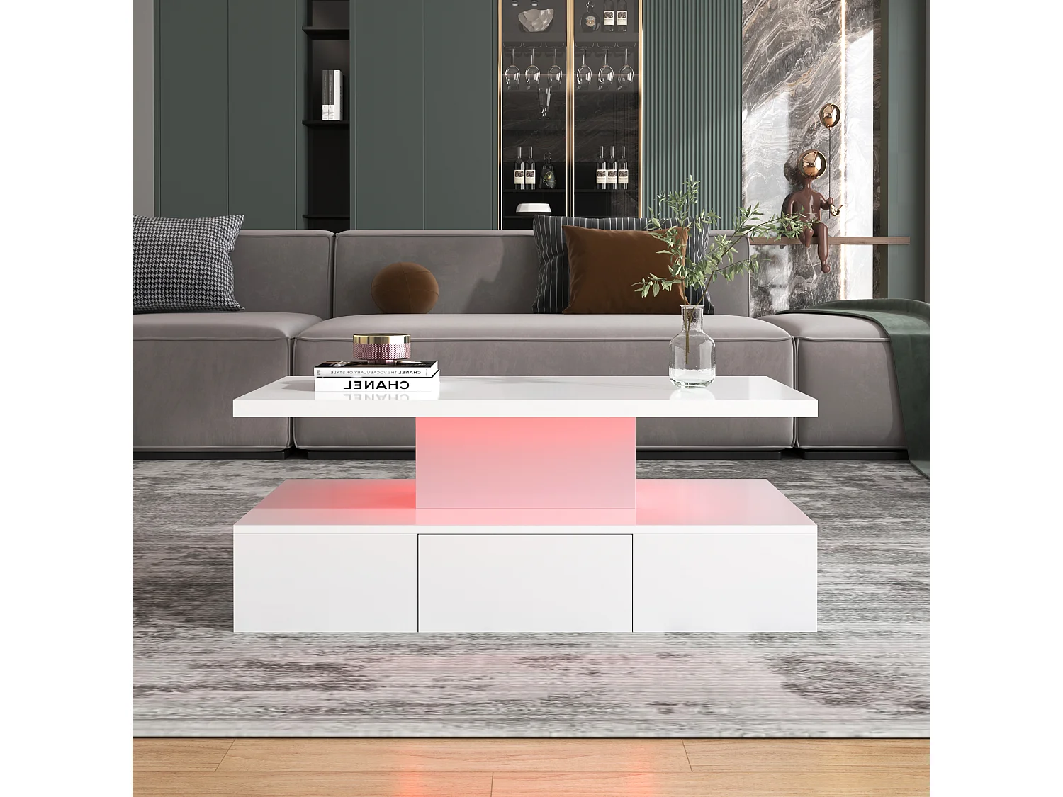 Mesa de centro con 4 cajones, diseño de línea única y combinación de colores, 78*78*36 cm