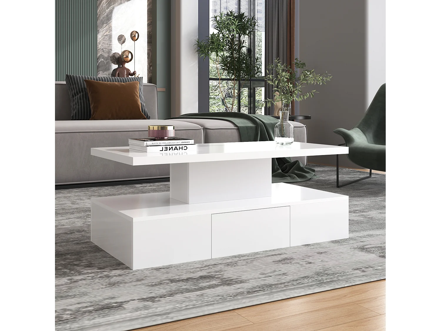 Mesa de centro MDF com gaveta 2 prateleiras LED sala de estar branca 100x50x38,5 cm