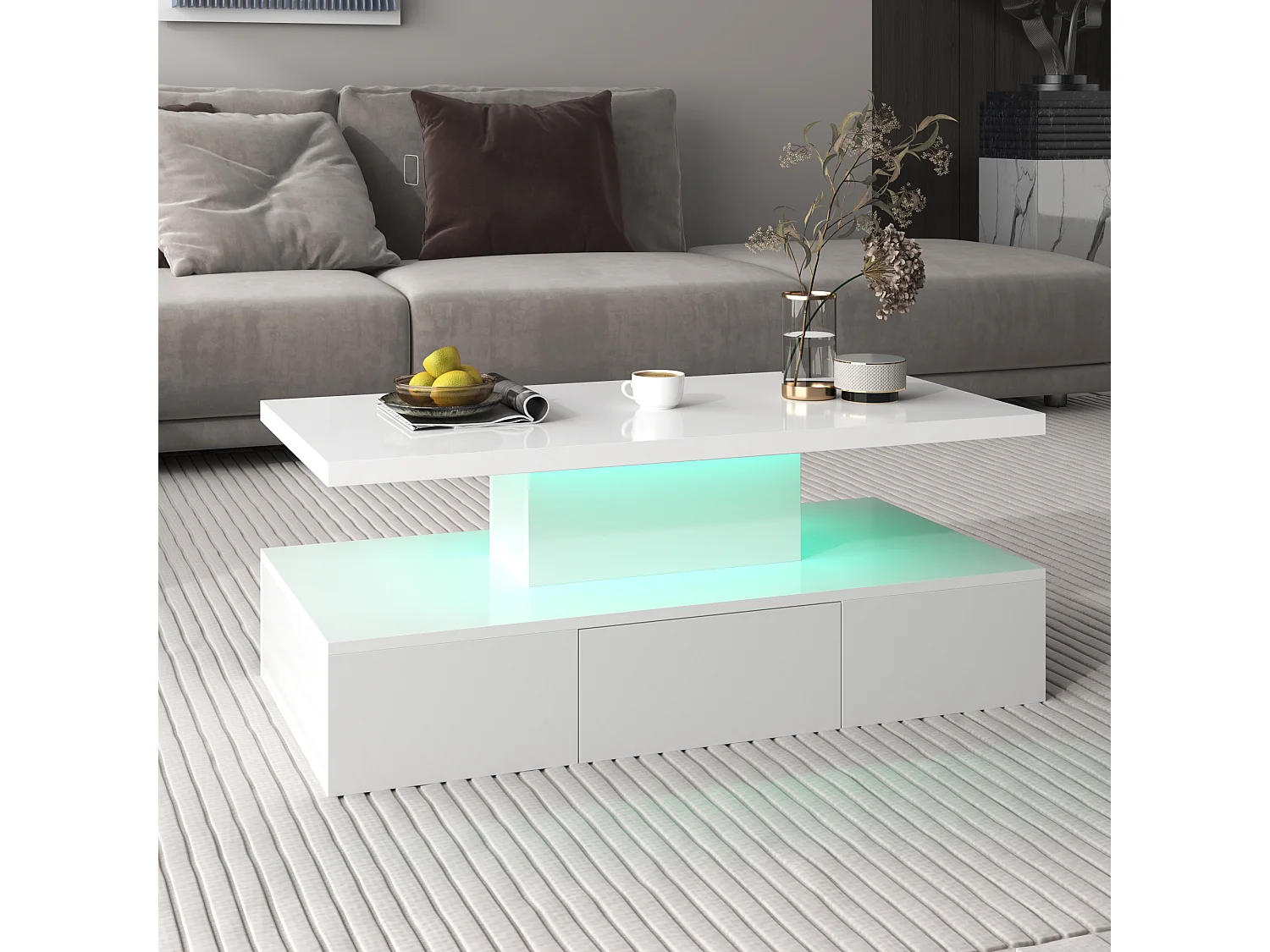 Mesa de centro MDF com gaveta 2 prateleiras LED sala de estar branca 100x50x38,5 cm