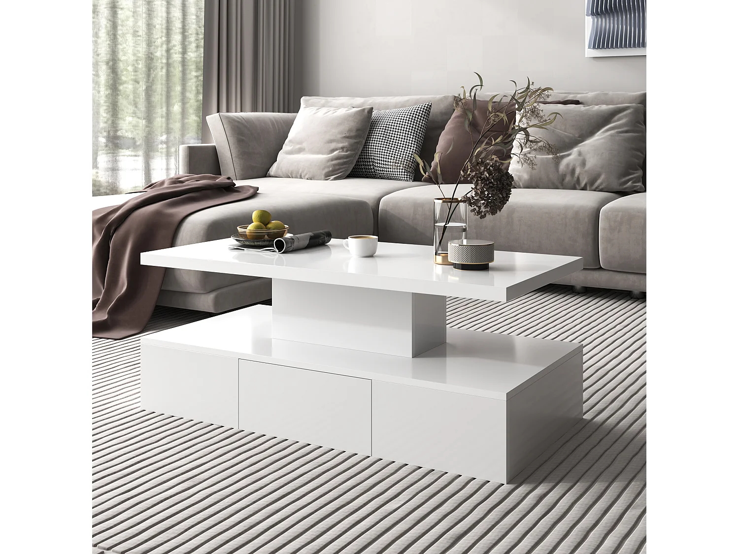 Mesa de centro MDF com gaveta 2 prateleiras LED sala de estar branca 100x50x38,5 cm