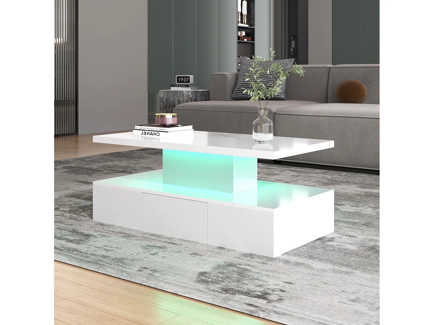 Mesa de centro MDF com gaveta 2 prateleiras LED sala de estar branca 100x50x38,5 cm