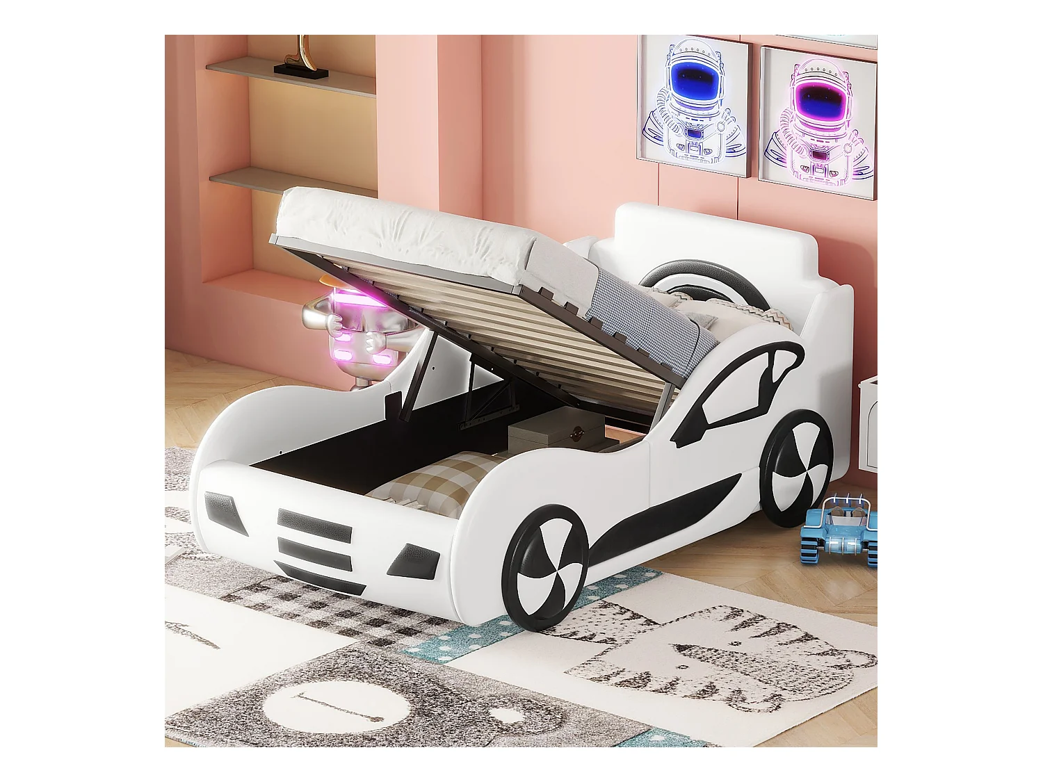 Kinderbed 90 x 200cm met opbergruimte onder het bed, model racewagen, kleur wit
