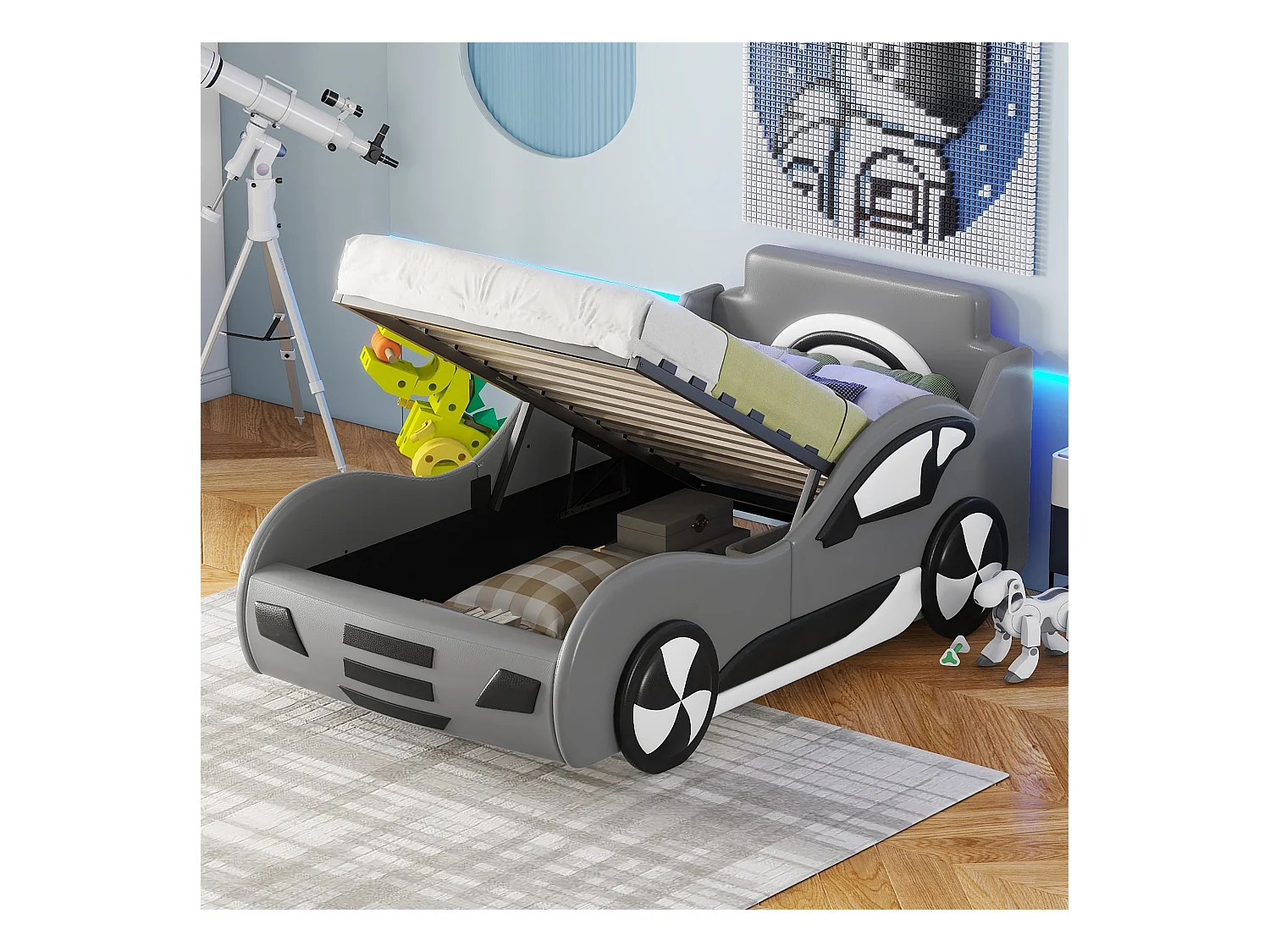 Kinderbed met opbergruimte eronder, automodel, 90 x 200 cm, grijs