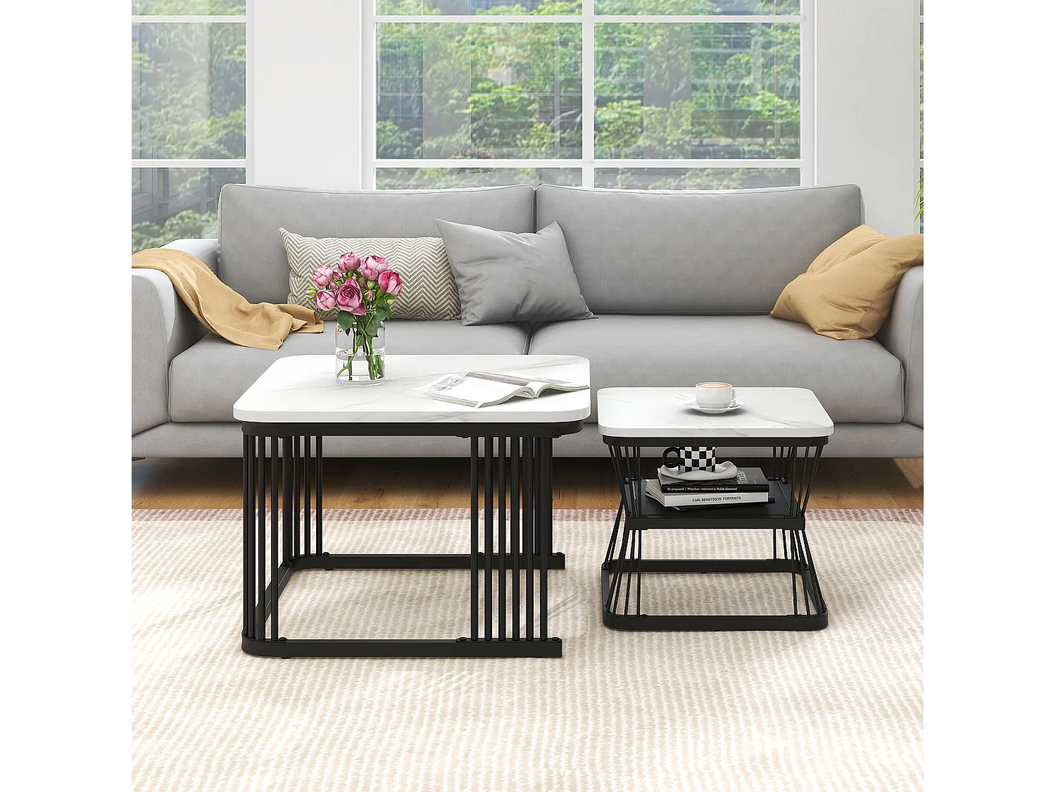 Ensemble de 2 tables basses modernes en pvc, tubes en acier noir mat, 65x65x45 cm et 45x45x39,5 cm