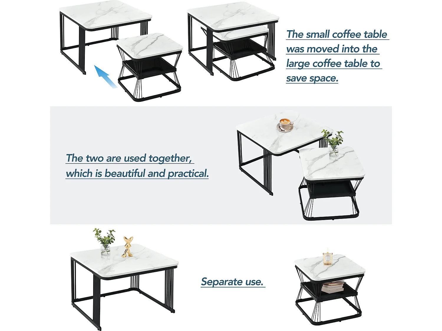 Ensemble de 2 tables basses modernes en pvc, tubes en acier noir mat, 65x65x45 cm et 45x45x39,5 cm