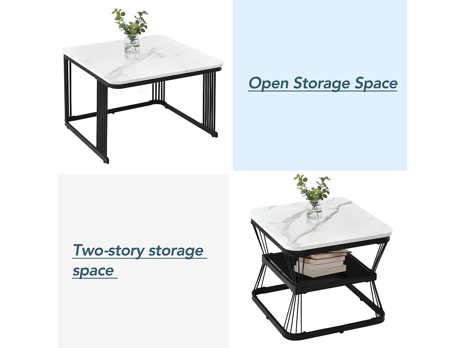 Ensemble de 2 tables basses modernes en pvc, tubes en acier noir mat, 65x65x45 cm et 45x45x39,5 cm