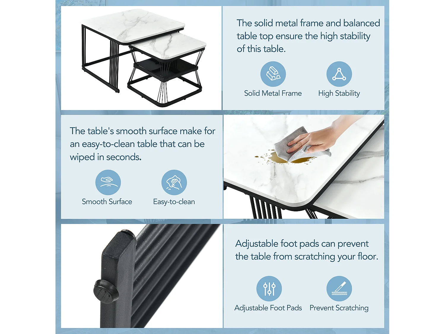 Ensemble de 2 tables basses modernes en pvc, tubes en acier noir mat, 65x65x45 cm et 45x45x39,5 cm