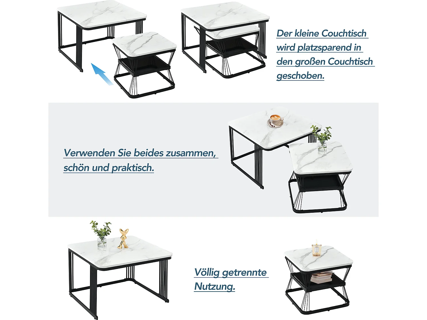 Ensemble de 2 tables basses modernes en pvc, tubes en acier noir mat, 65x65x45 cm et 45x45x39,5 cm