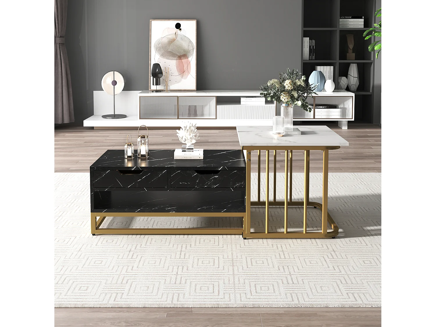 Table basse moderne de 2 pièces avec tiroirs et surface stylisée