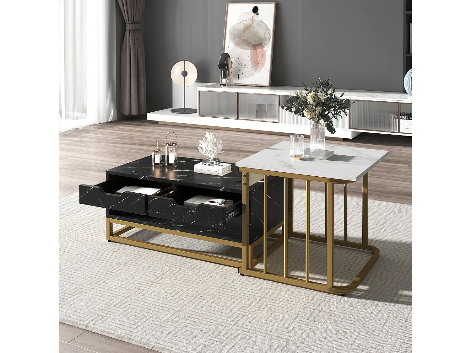 Table basse moderne de 2 pièces avec tiroirs et surface stylisée