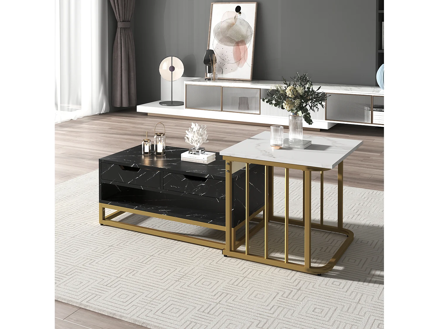 Table basse moderne de 2 pièces avec tiroirs et surface stylisée