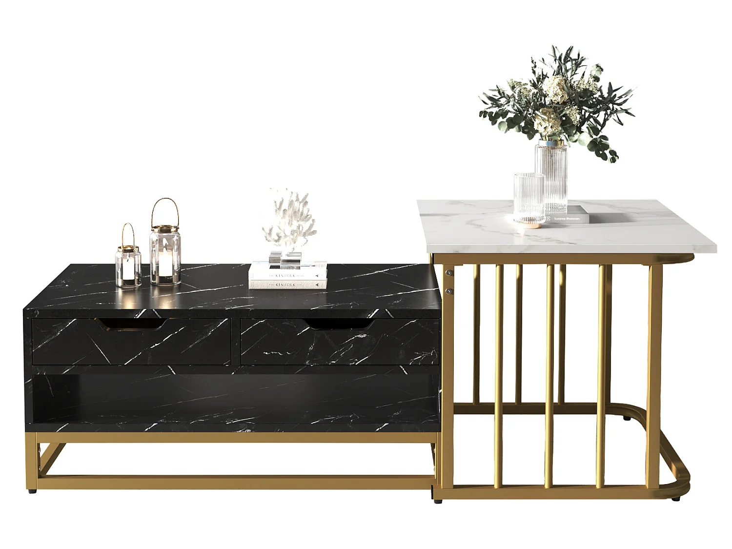 Table basse moderne de 2 pièces avec tiroirs et surface stylisée