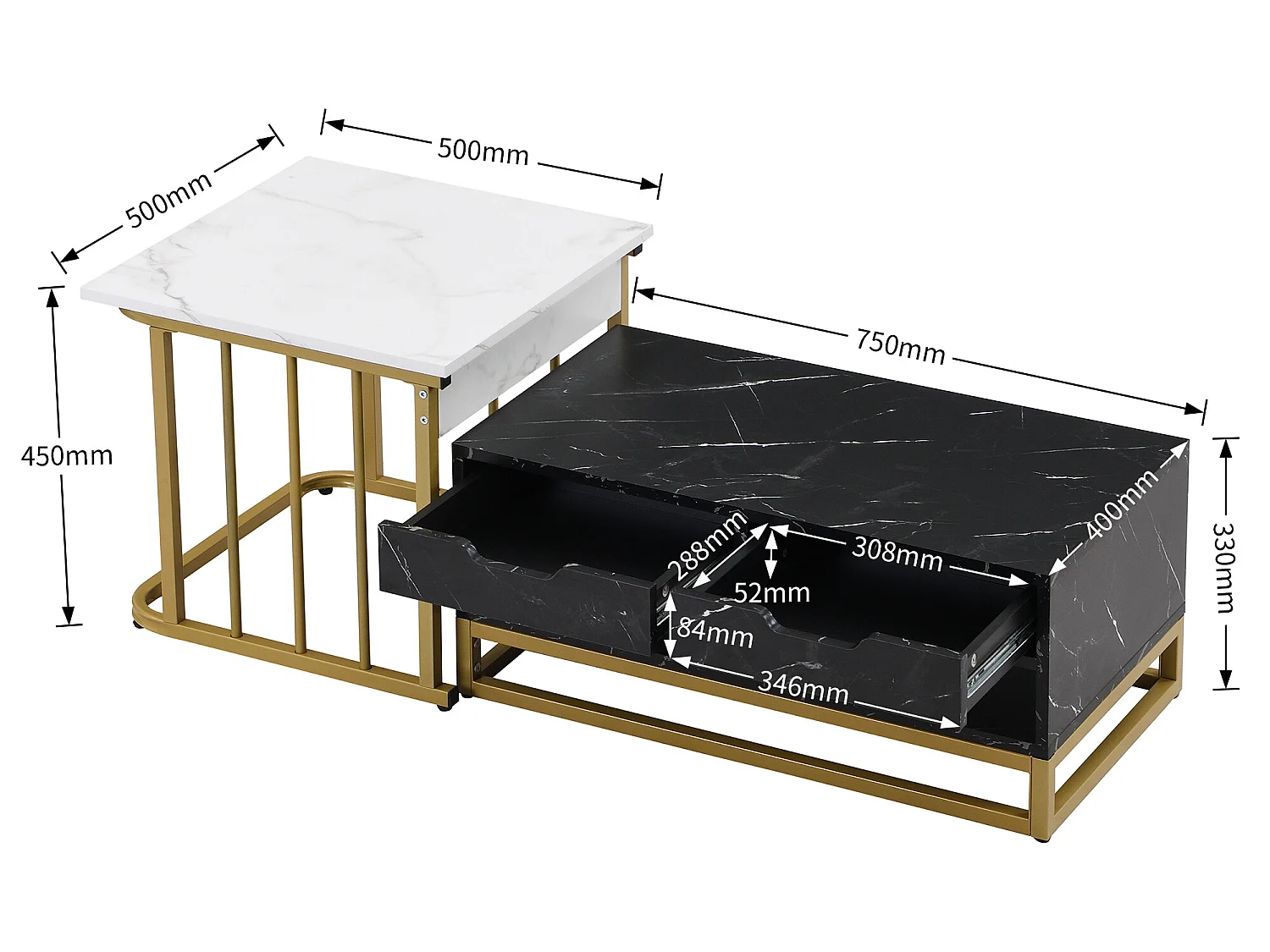 Table basse moderne de 2 pièces avec tiroirs et surface stylisée