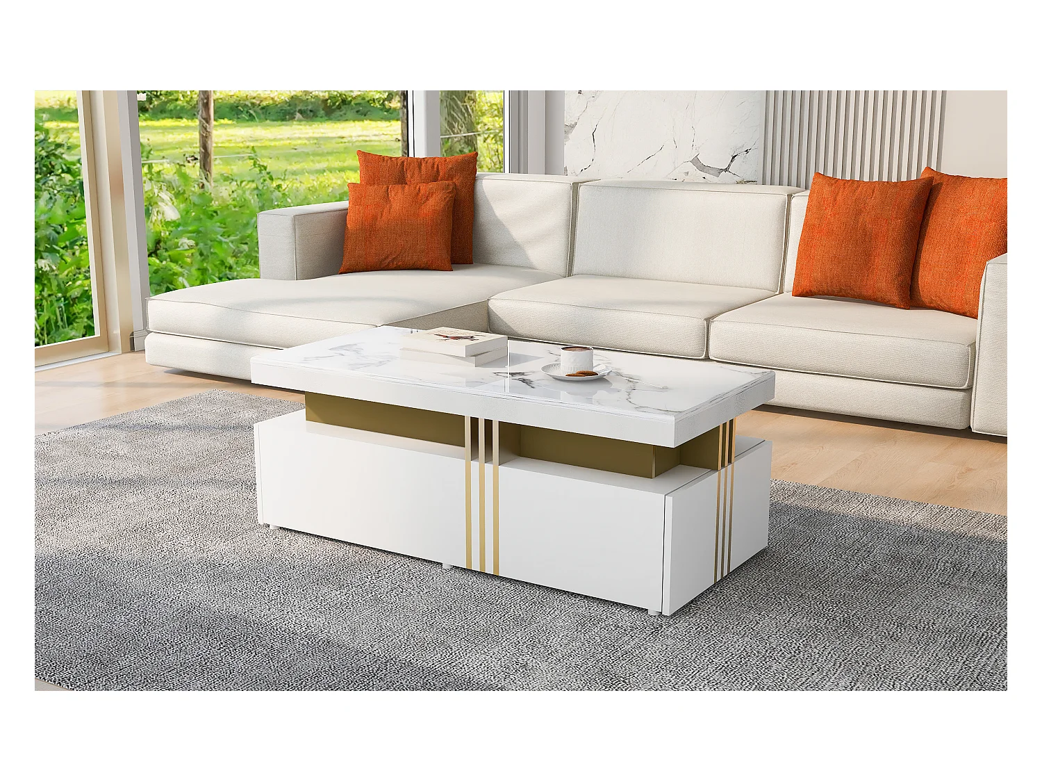 Table basse moderne rectangulaire avec plateau en pvc et 2 tiroirs en bois, 100*50*40 cm
