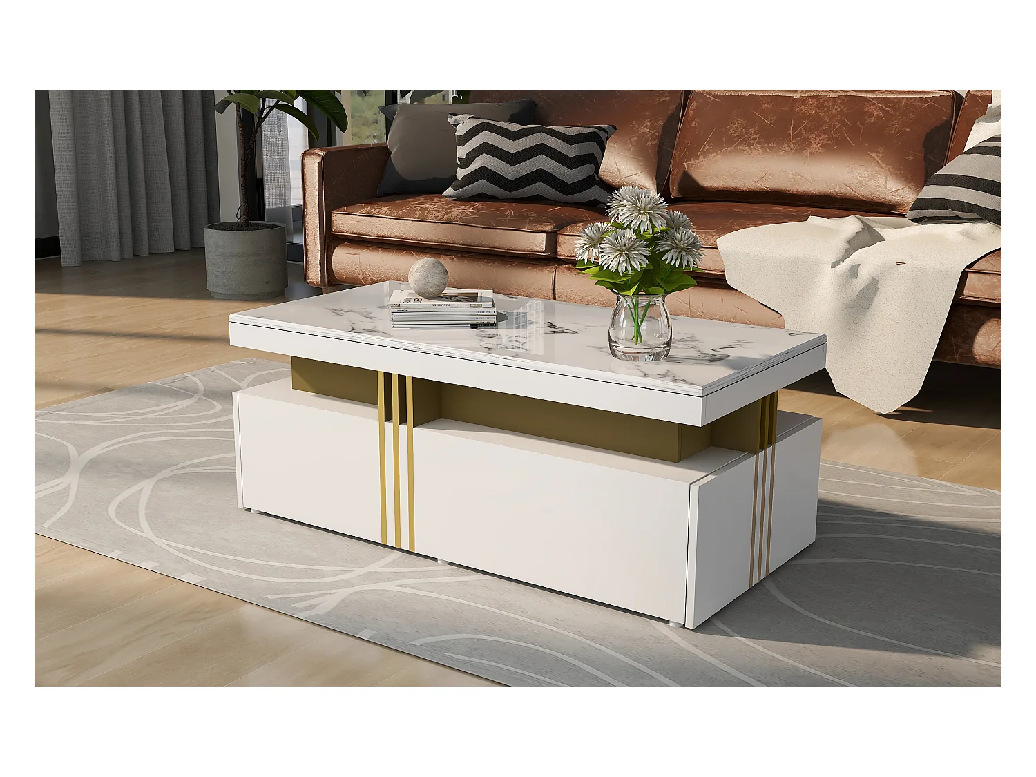 Table basse moderne rectangulaire avec plateau en pvc et 2 tiroirs en bois, 100*50*40 cm
