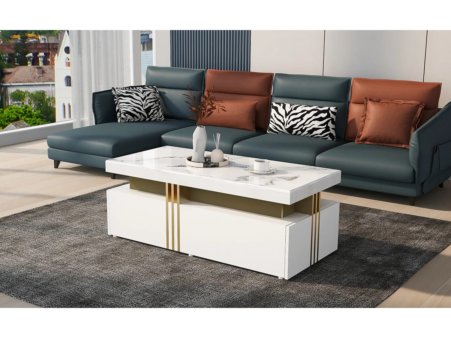 Table basse moderne rectangulaire avec plateau en pvc et 2 tiroirs en bois, 100*50*40 cm