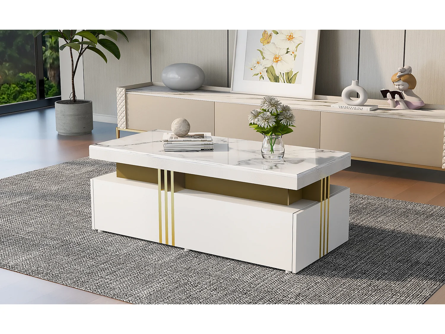 Table basse moderne rectangulaire avec plateau en pvc et 2 tiroirs en bois, 100*50*40 cm