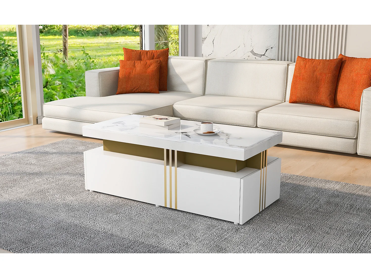 Table basse moderne rectangulaire avec plateau en pvc et 2 tiroirs en bois, 100*50*40 cm