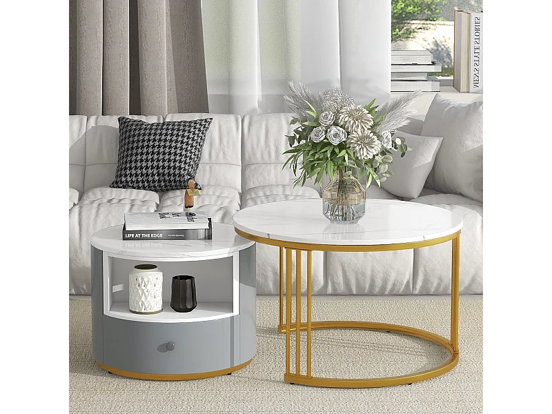 2 mesas de centro redondas de metal con tapa de mármol blanco y dorado