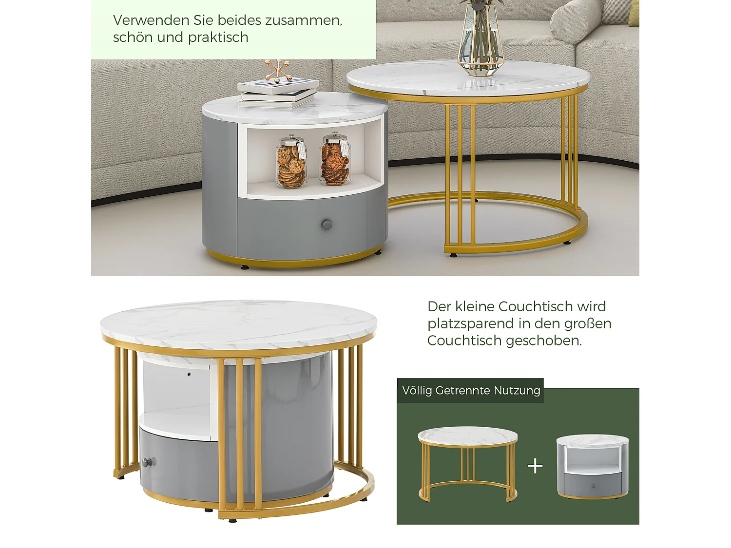 2 mesas de centro redondas de metal con tapa de mármol blanco y dorado