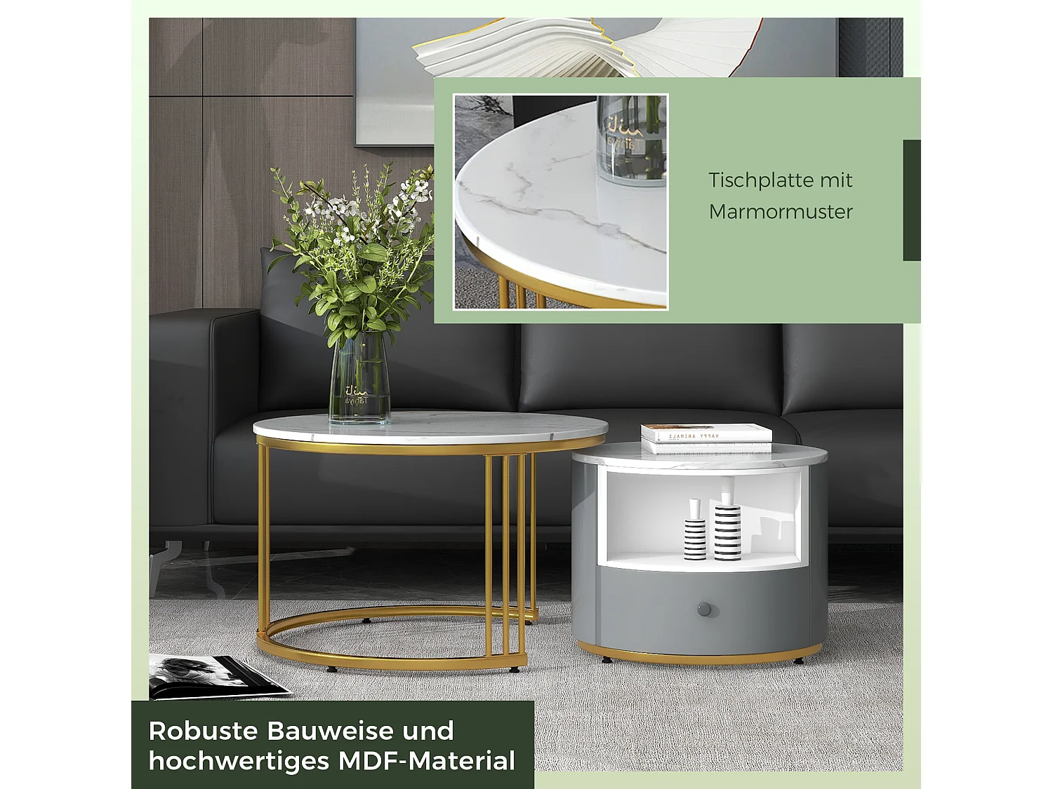 2 mesas de centro redondas de metal con tapa de mármol blanco y dorado