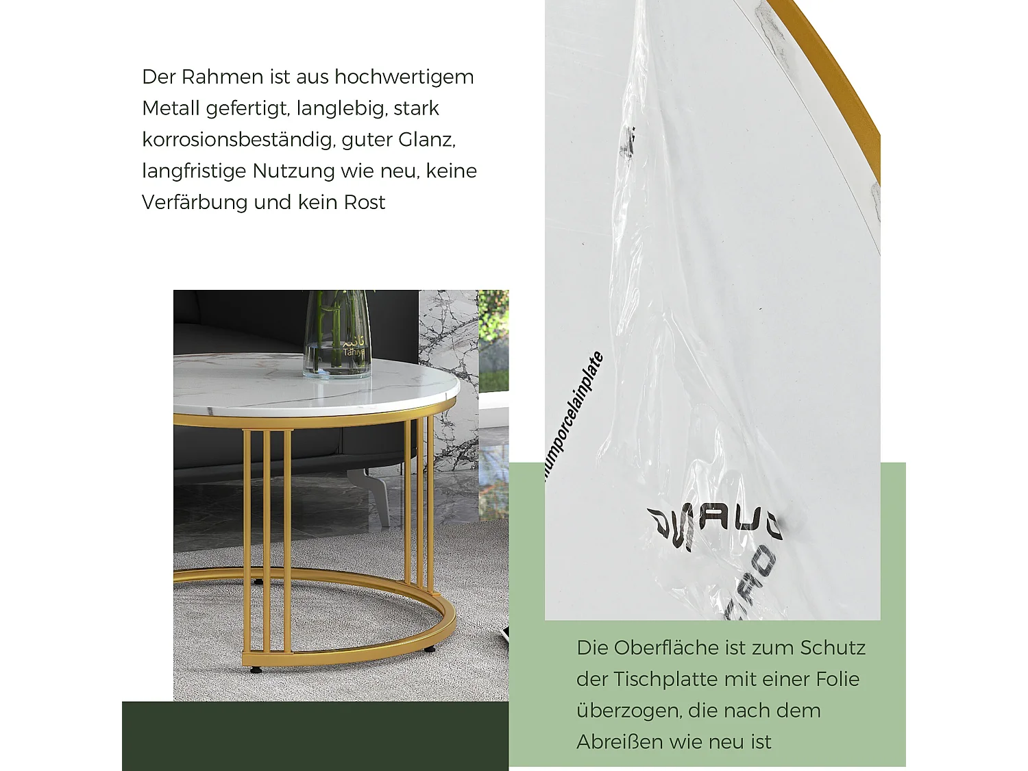 2 mesas de centro redondas de metal con tapa de mármol blanco y dorado