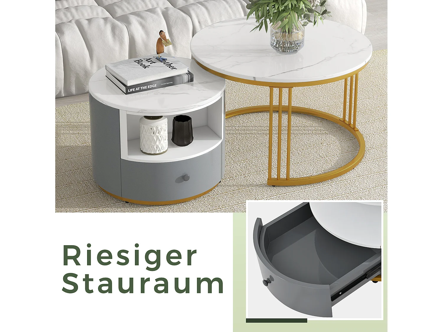 2 mesas de centro redondas de metal con tapa de mármol blanco y dorado