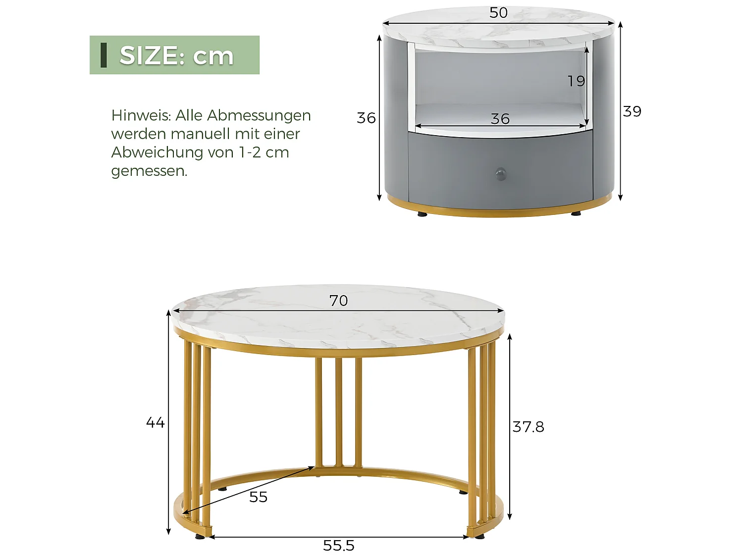 2 mesas de centro redondas de metal con tapa de mármol blanco y dorado